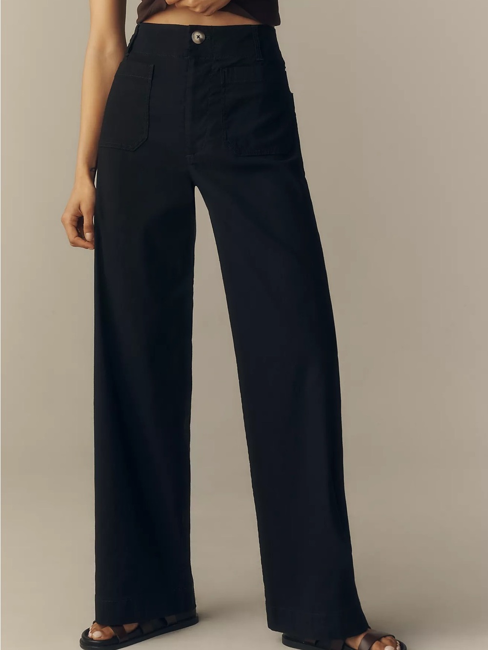 Maeve Black Colette High-Rise Wide-Leg Pants with Front Patch Pockets